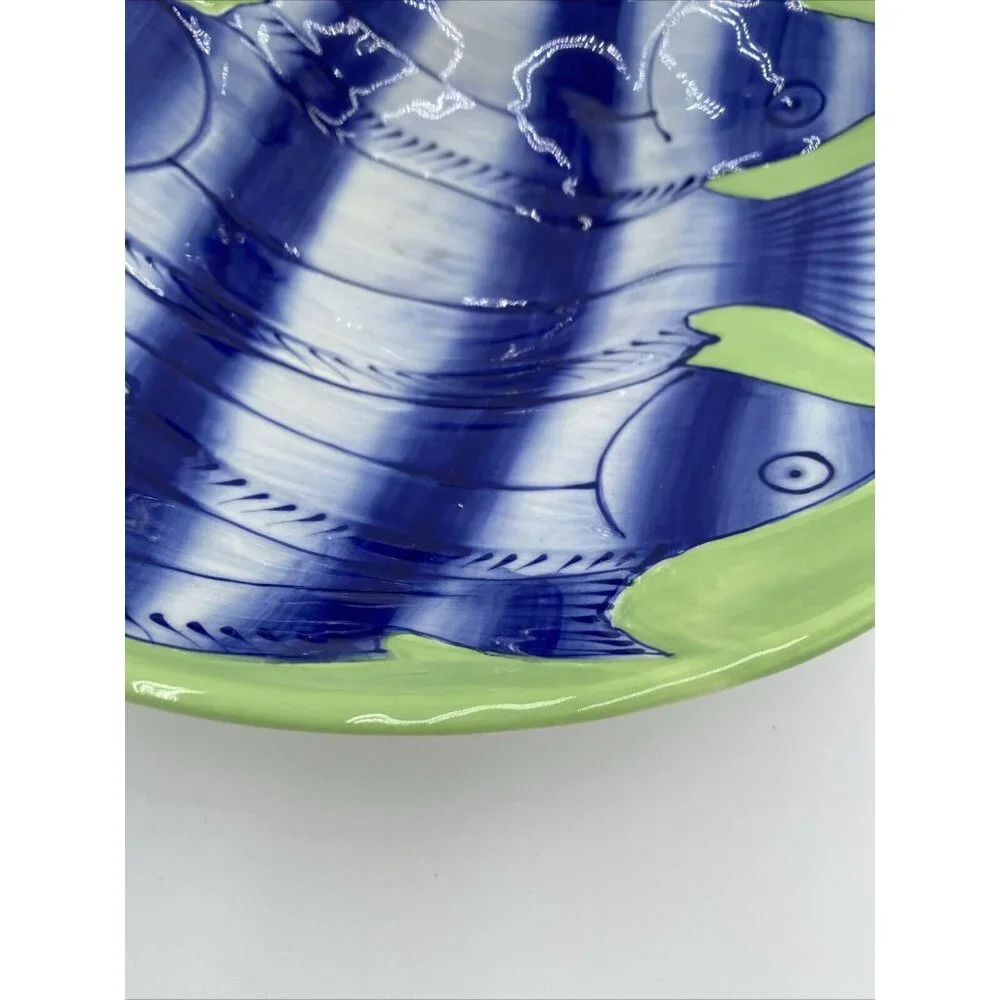 John Newdigate Ceramics West Elm Large Centerpiece Bowl Blue Green Fish 10.5”